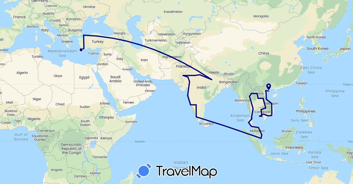 TravelMap itinerary: driving in Greece, India, Cambodia, Laos, Malaysia, Singapore, Thailand, Turkey, Vietnam (Asia, Europe)